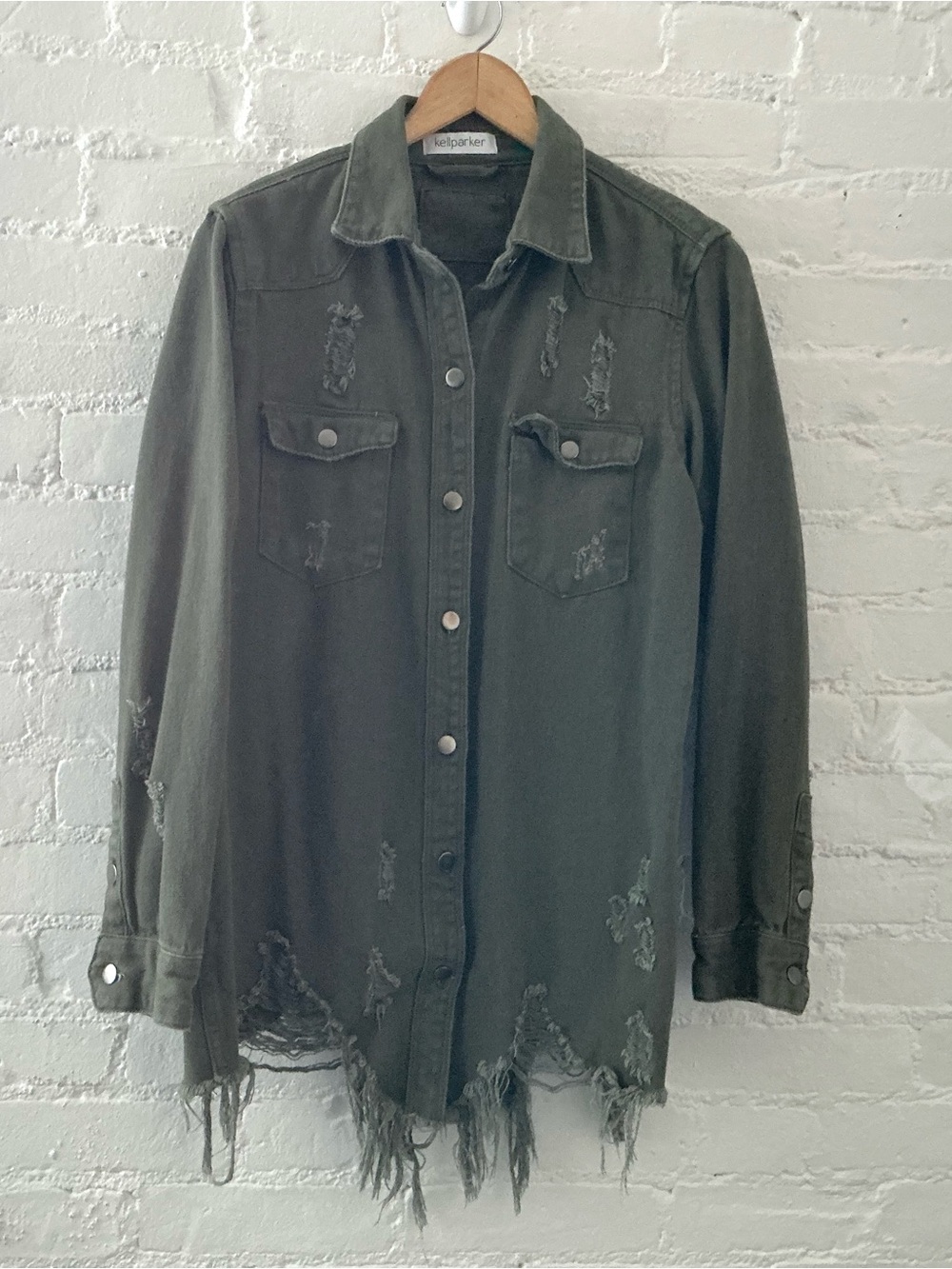 KellParker Olive Green Distressed Frayed Denim Shacket Jacket Grunge Size S